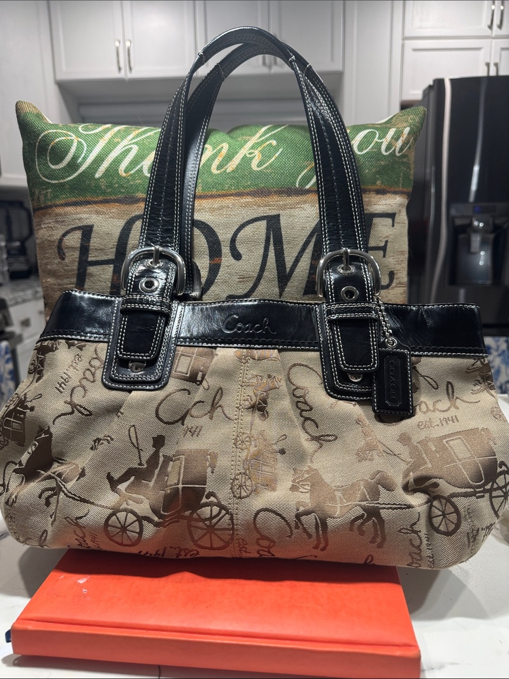 Coach Beige Signature Canvas Shoulder Bag with Black Leather Trim